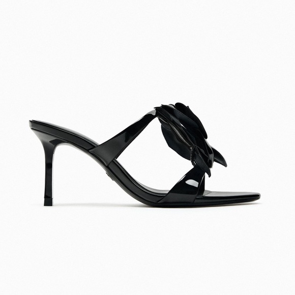 NWT Zara Woman FLORAL HIGH HEELED SANDALS Heels Shoes Black Faux Patent Size 8 - Picture 4 of 13